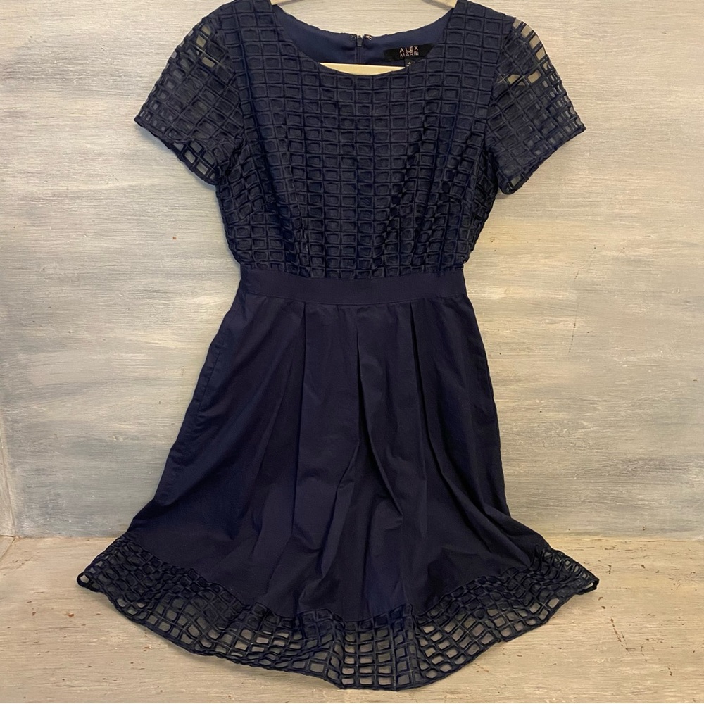 Alex Marie A Line‎ Pleated Waist Navy Blue Dress Size 4 Like New